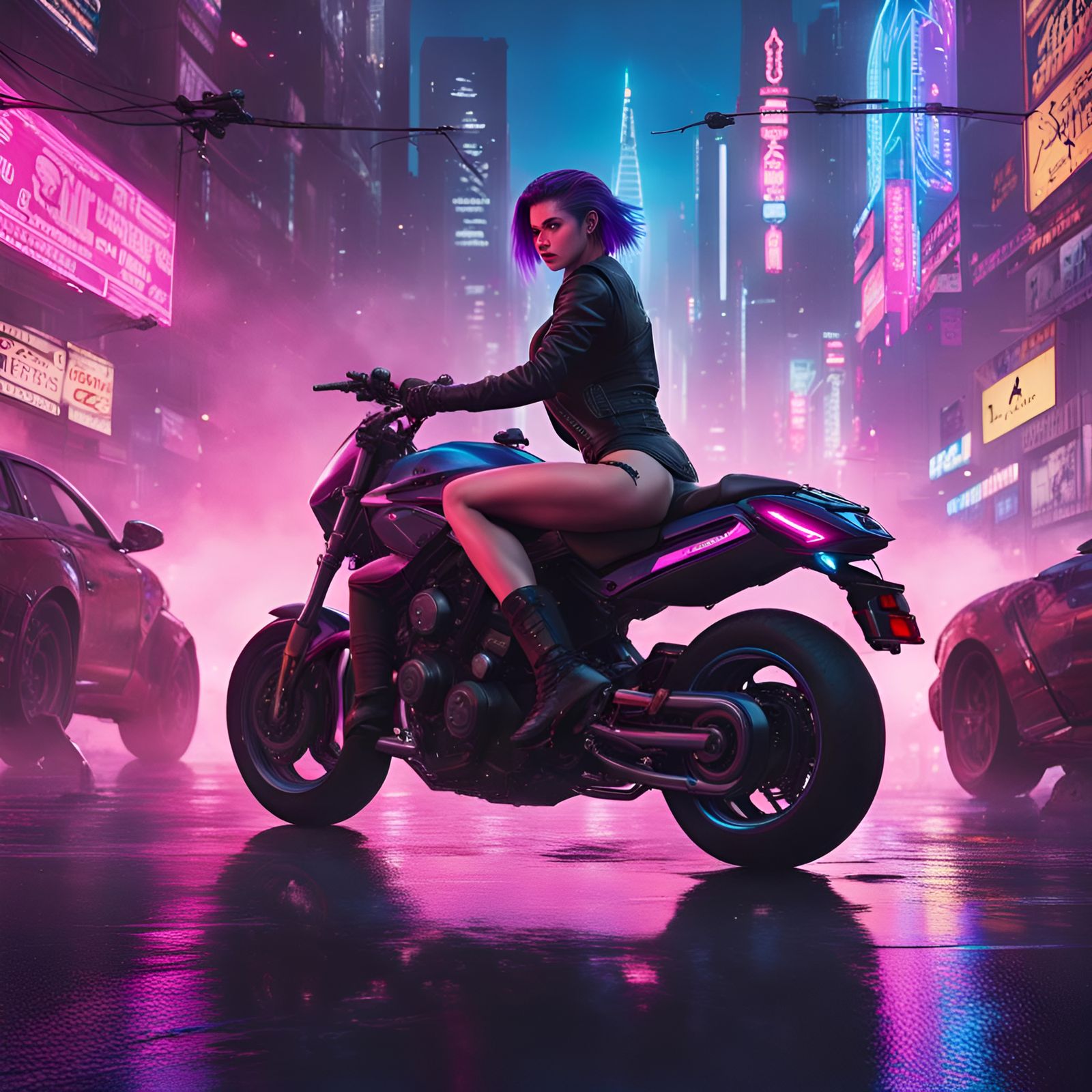 Cyberpunk Girl Rides Flying Motorcycle Over Neon City