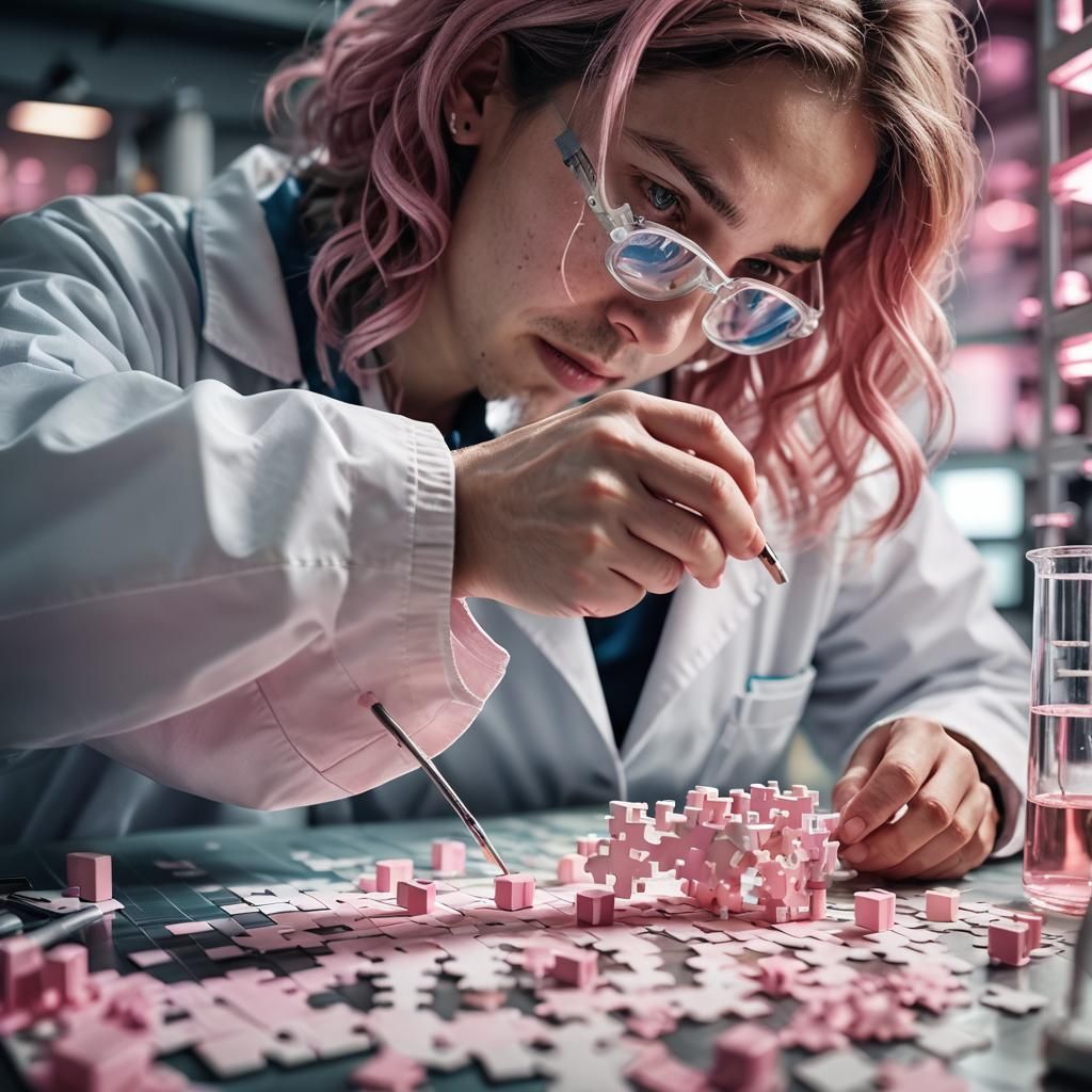 Hyperrealistic Scientist Solves Puzzle in Laboratory