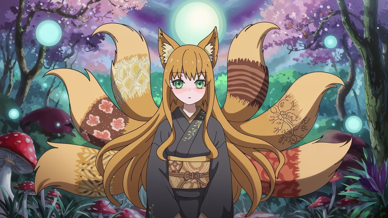 Anime Style Nine-Tailed Fox Girl standing amidst a mystical ...