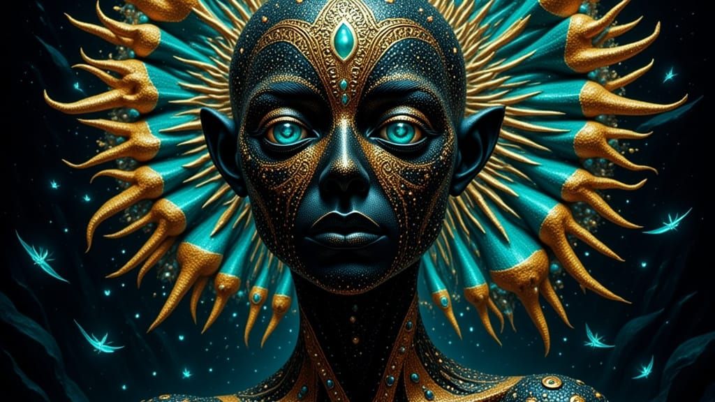 Alien Mandala Portrait in Vibrant Triadic Colors