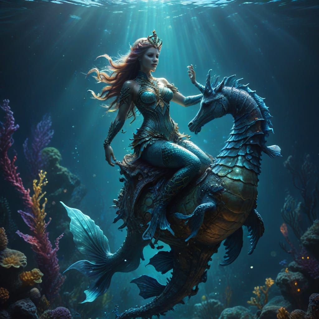Mystical Mermaid Queen Rides a Cosmic Seahorse in Vibrant De...