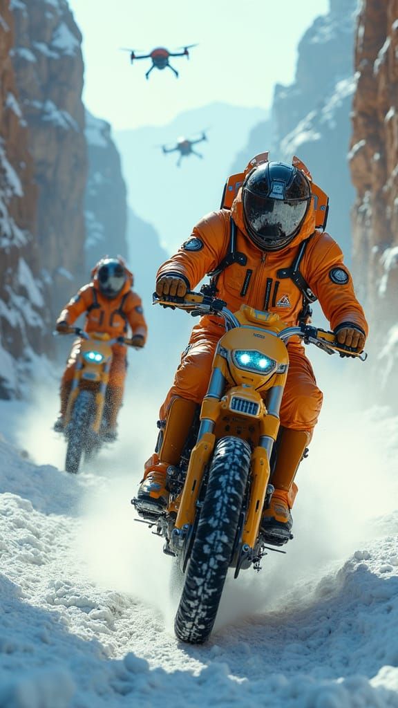 Cyberpunk Riders Speed Through Futuristic Canyon Landscape