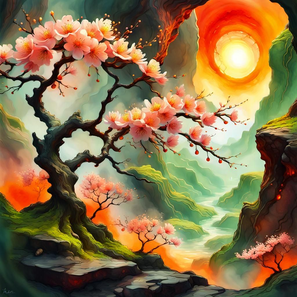Cherry Blossoms in Surreal Landscape, Digital Painting