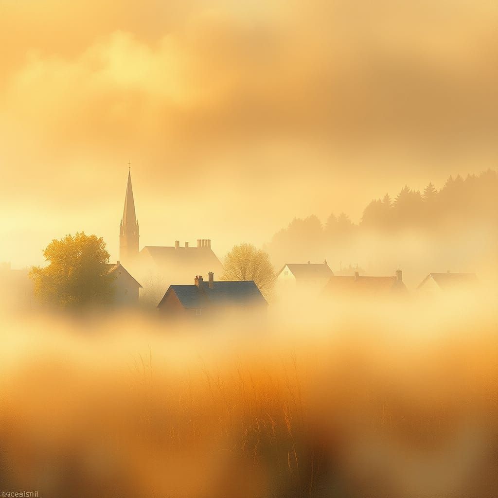 Idyllic Village in Impressionist Style with Golden Light