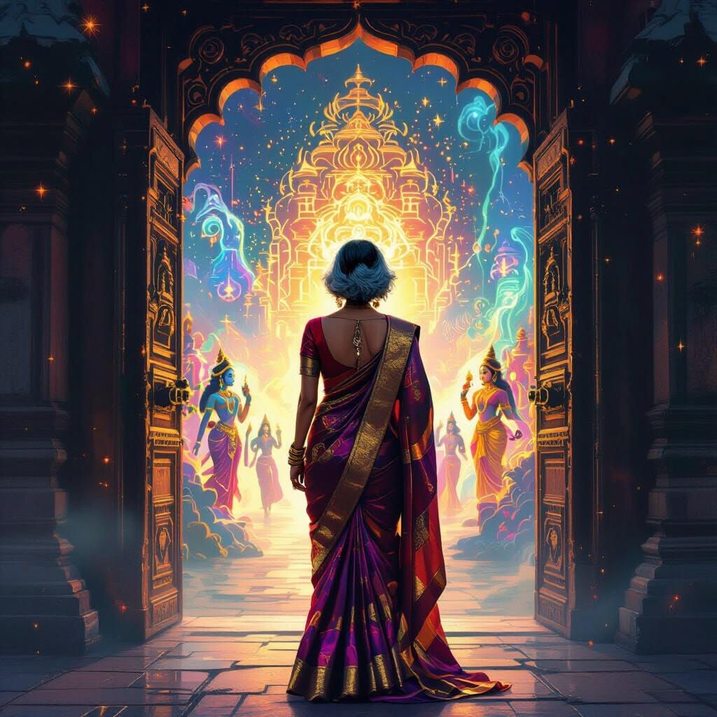 Mystical Indian Gate with Woman in Silk Sari