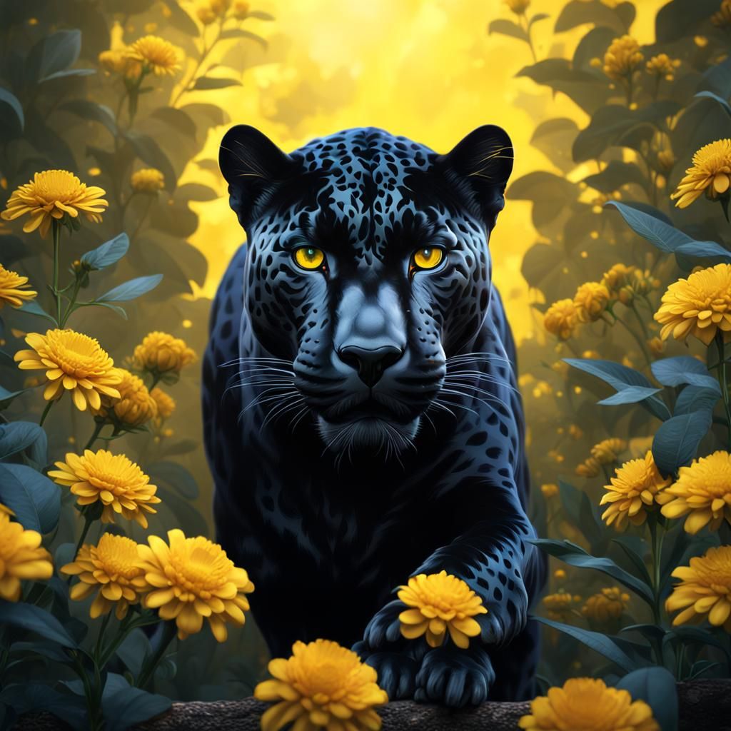 Black Jaguar with Yellow Eyes and Flowers
