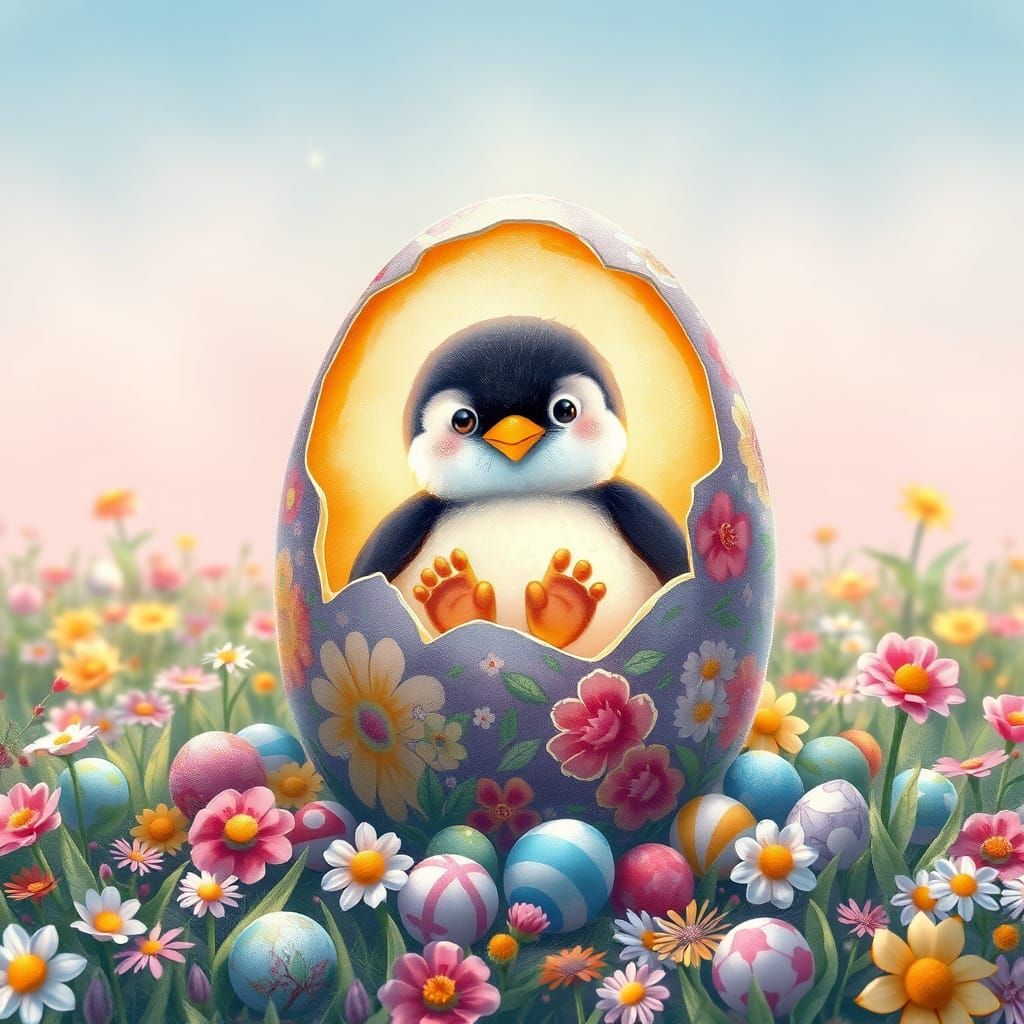 baby penguin hatches from a cracked easter egg
