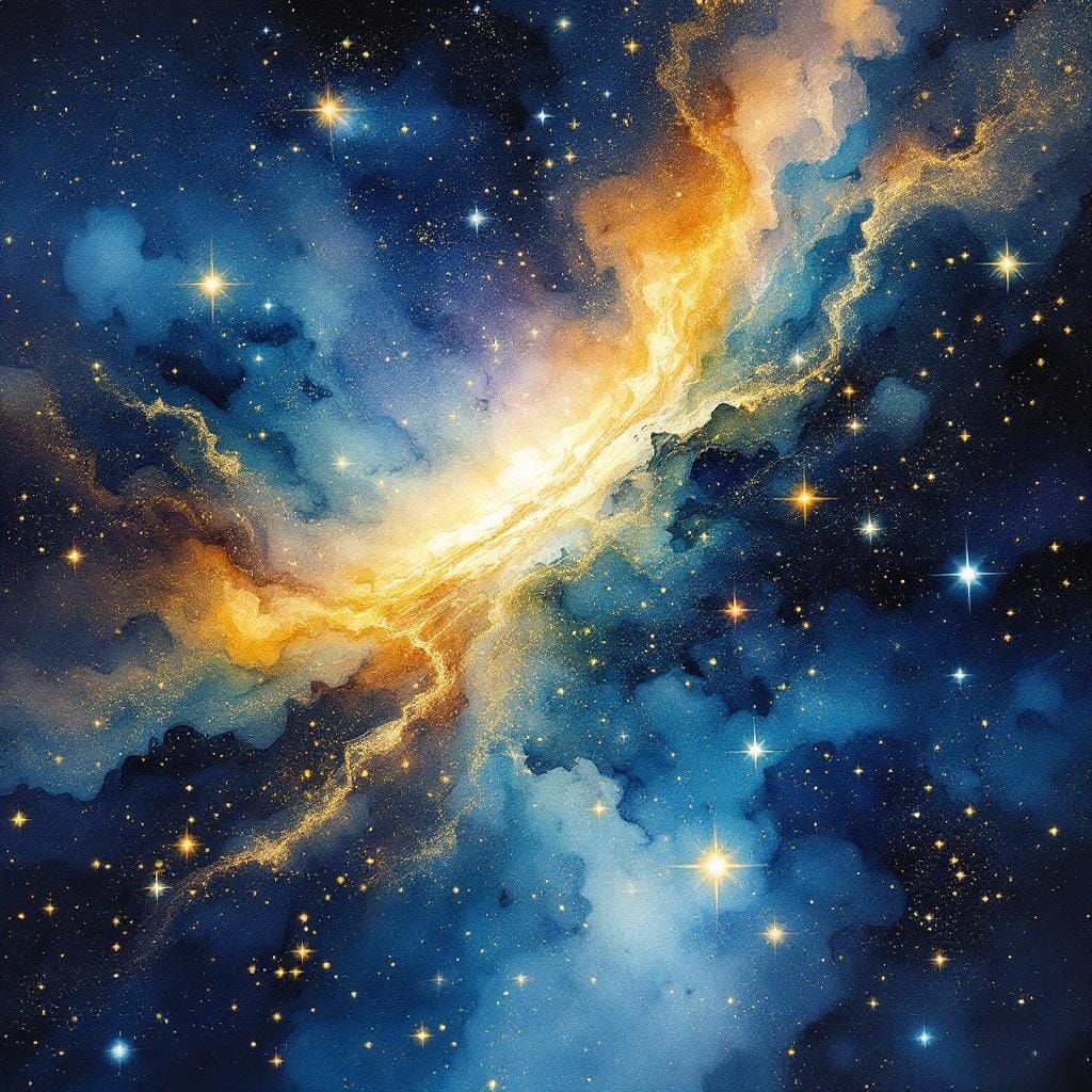 Watercolor Nebula Space Station with Crystalline Walkways