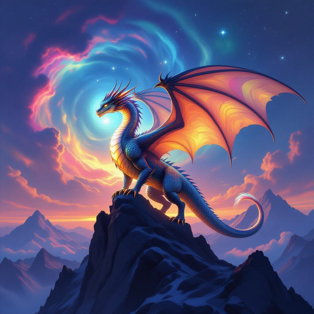 Majestic Iridescent Dragon Against Cosmic Nebula