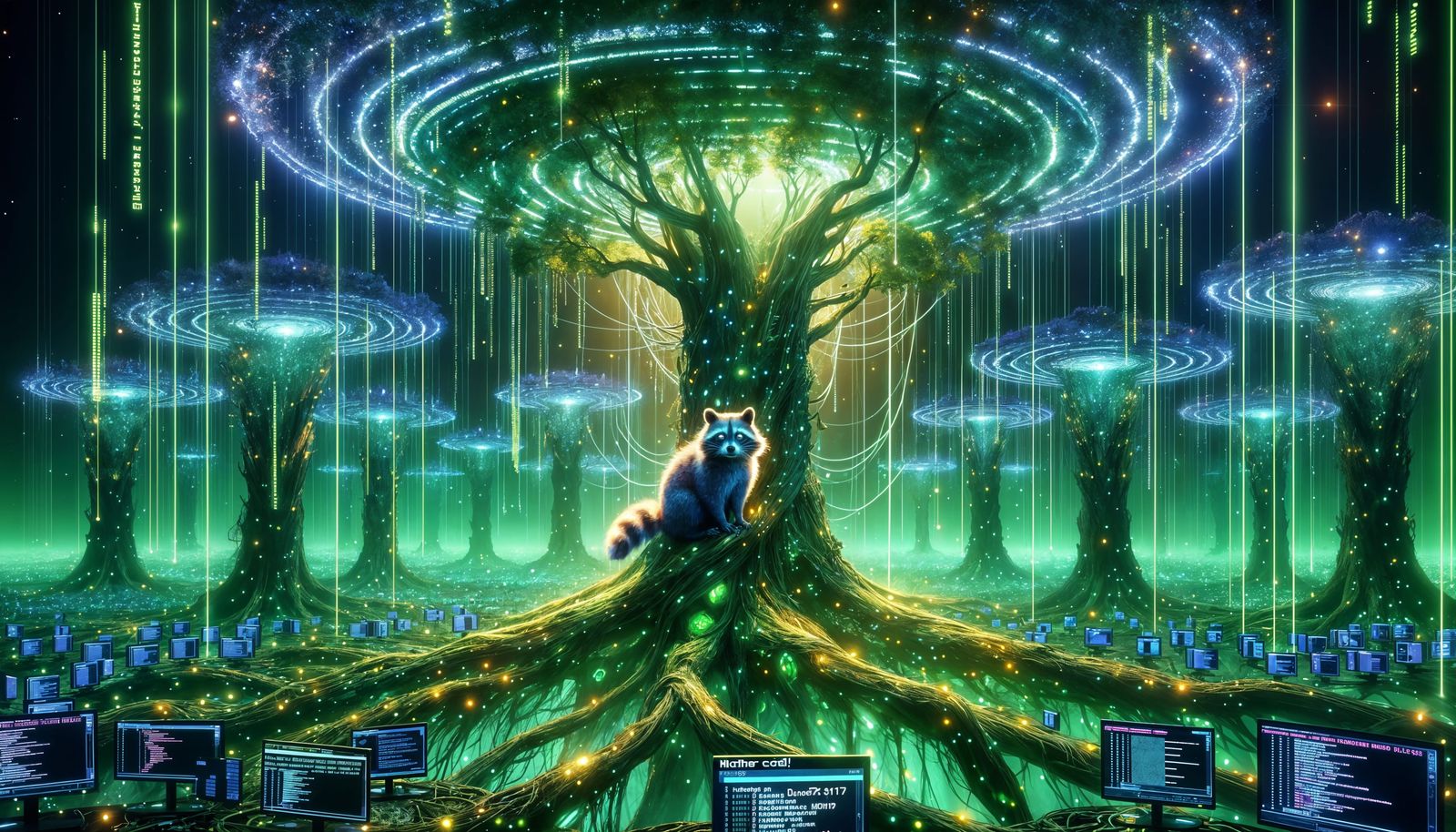 Radiant Raccoon in Luminous Cyber-Forest