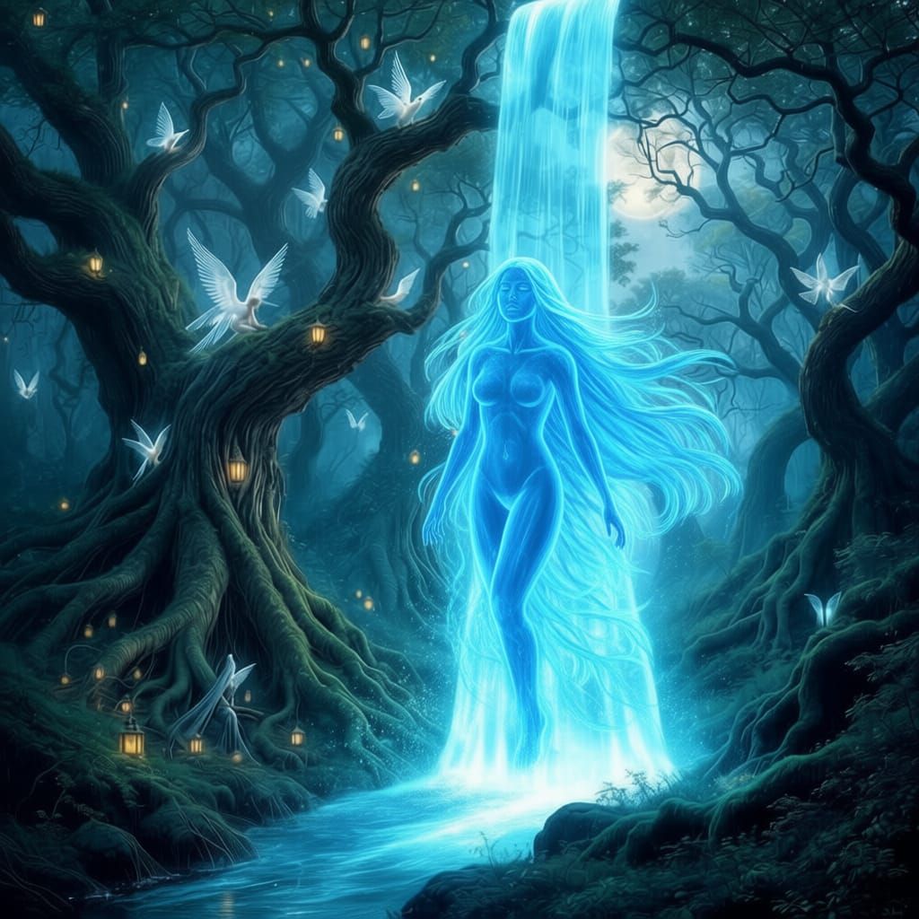 Luminous Blue Woman Rises From Water
