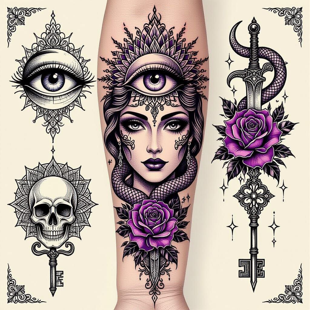 Mystical Occult Tattoo Flash Sheet with Geometric Designs