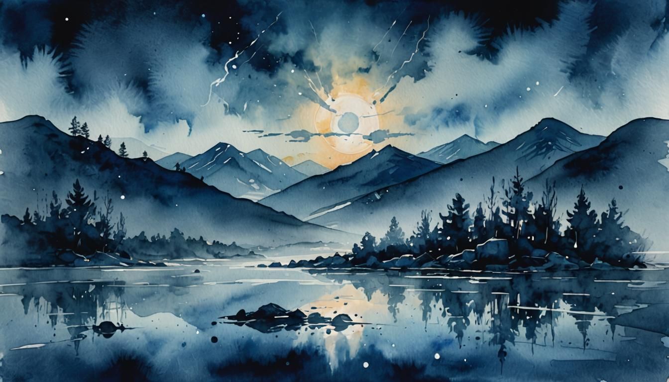Blue Landscape in Double Exposure Watercolor Style