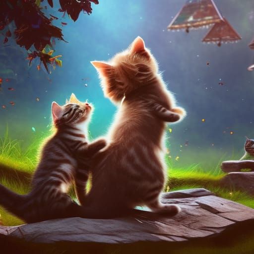 Kittens Play in Yard: Detailed Fantasy Art
