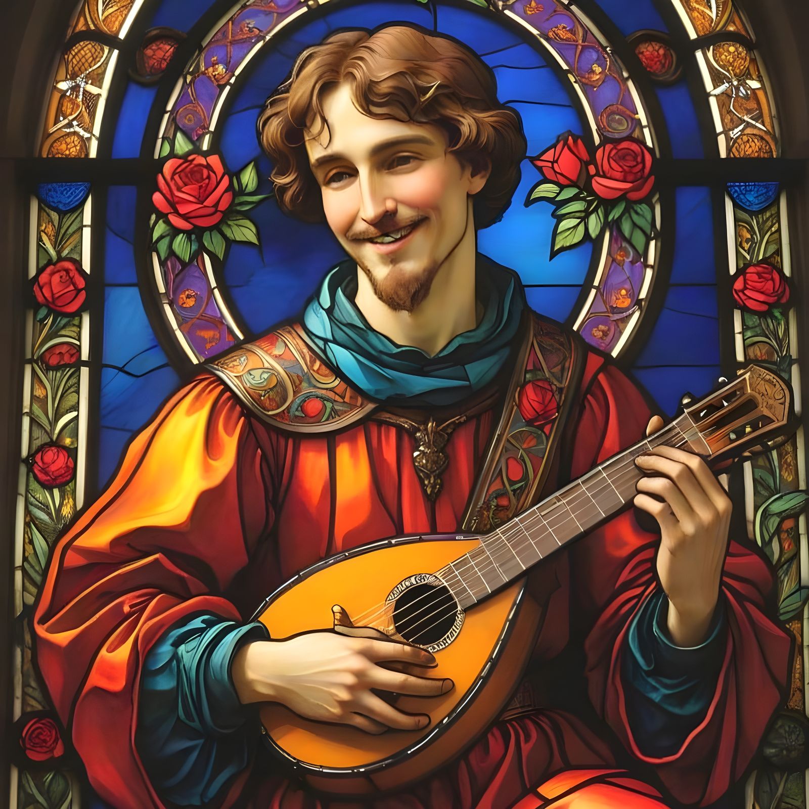 Medieval Musician Shines in Vibrant Stained Glass
