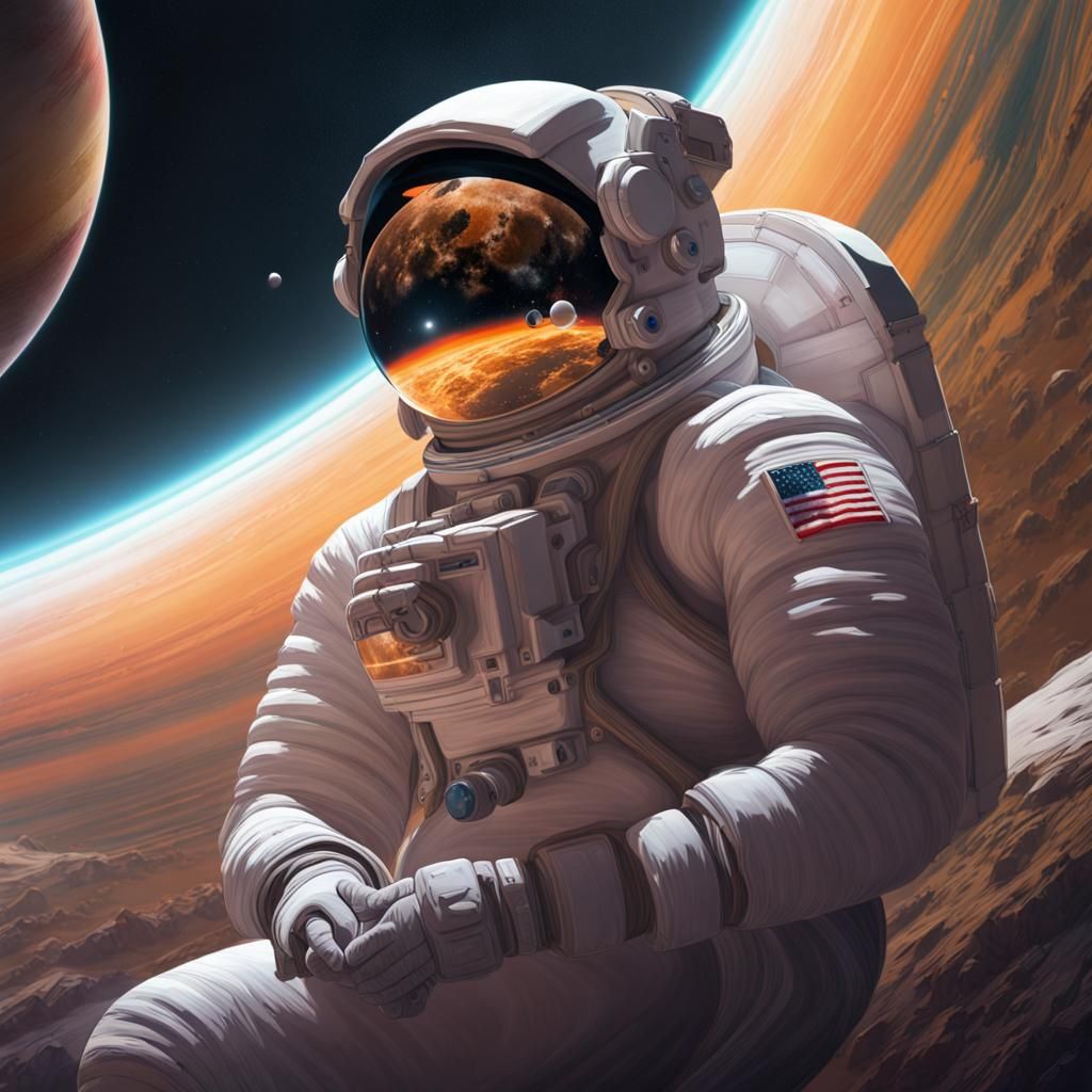 Astronaut Watches Earth From Saturn Ring: Digital Art