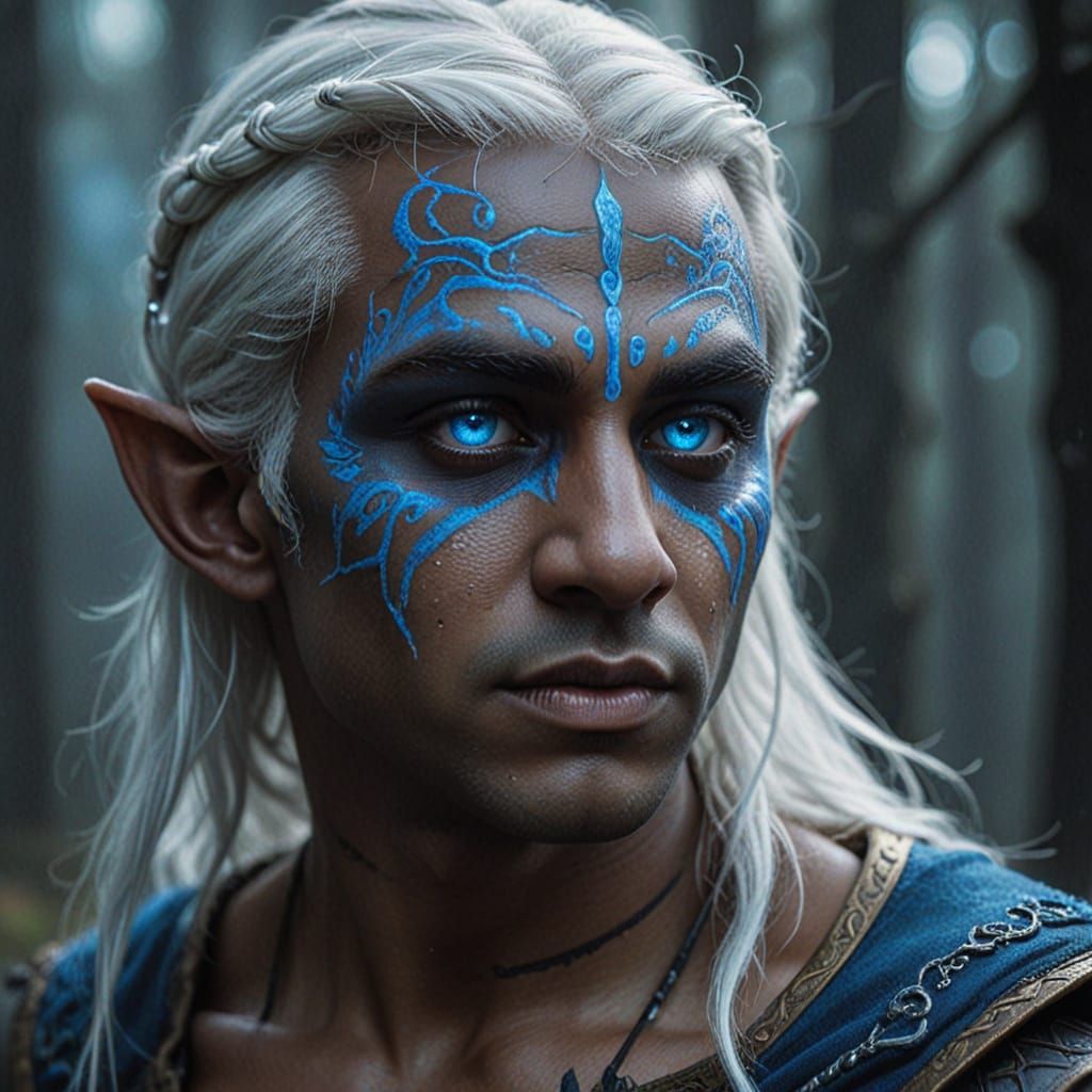 Dark Fantasy Elf Concept Art with Electric Blue Eyes