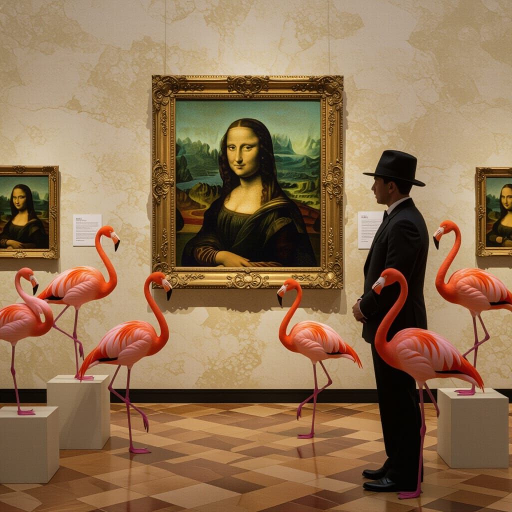 Surreal Museum Scene: Dalí, Magritte, and Flamingos
