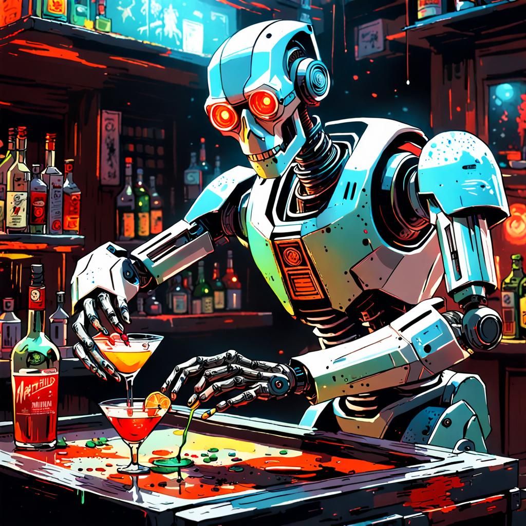 Cyborg Bartender Serving Martinis as Speedpaint