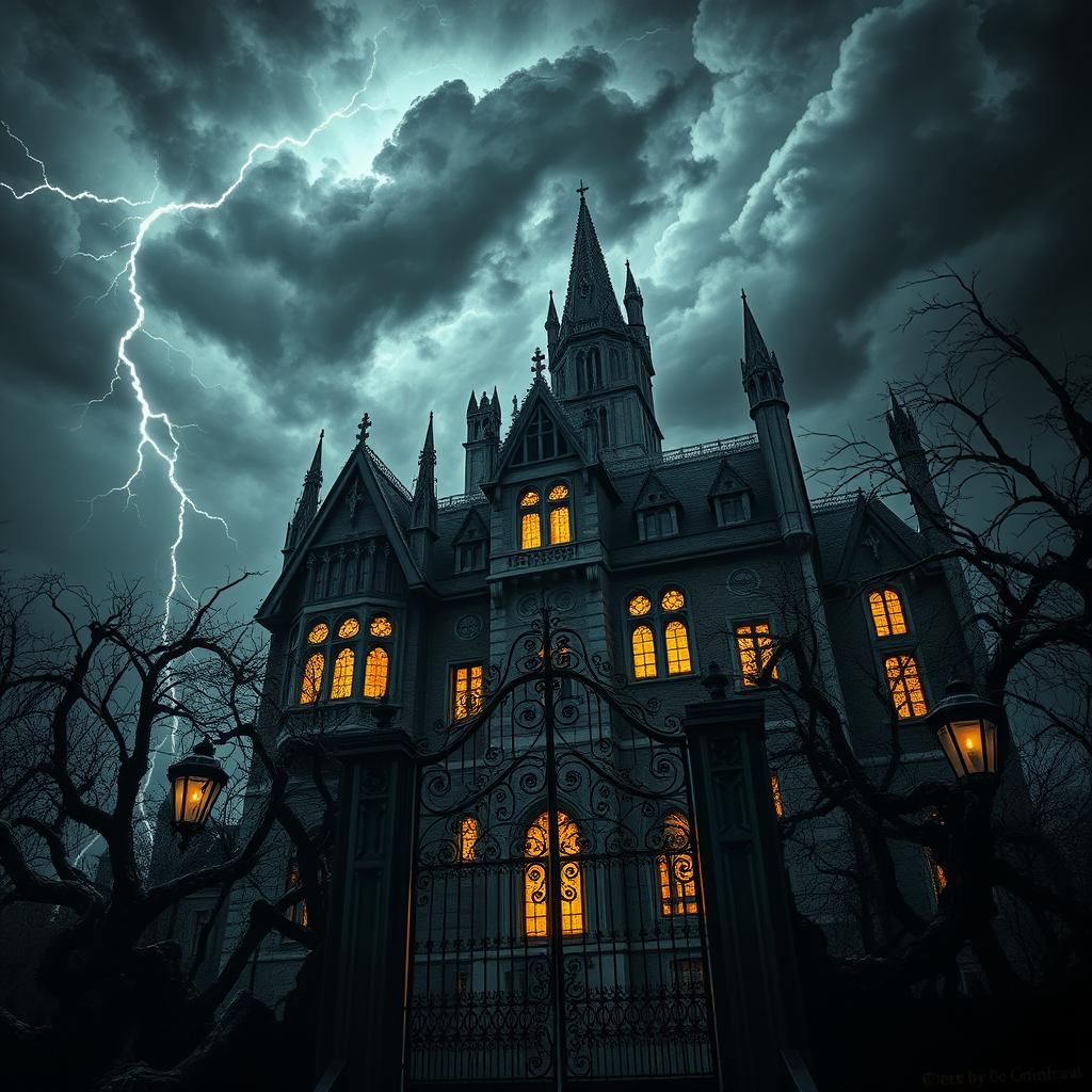 an eerie, towering gothic mansion under a turbulent stormy sky