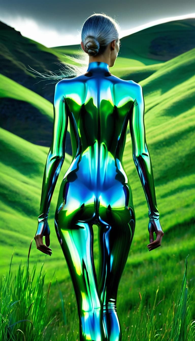 Mystical Silver Woman in Surreal Iridescent Landscape