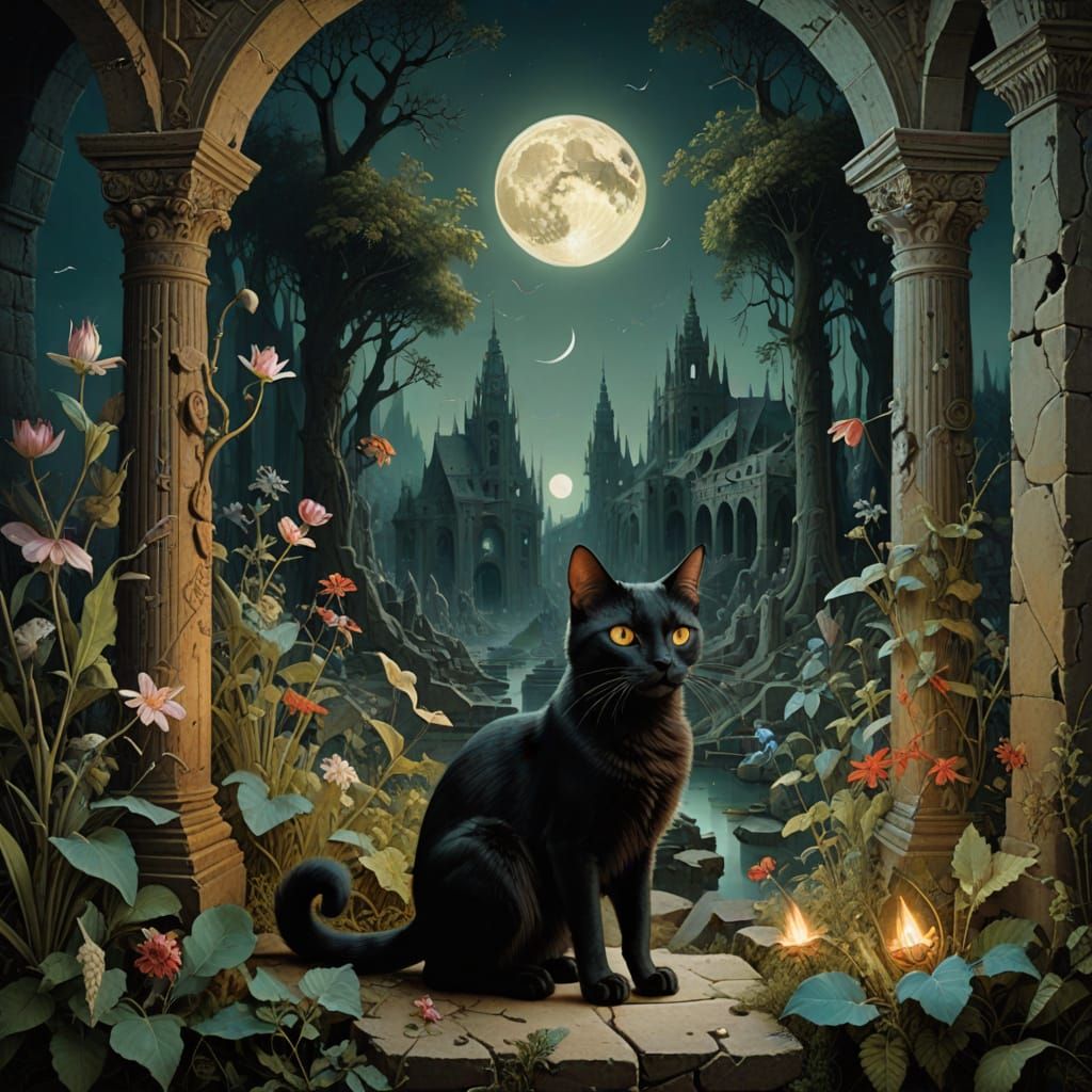 Spectral Cat in Ruined Temple on Distant Moon