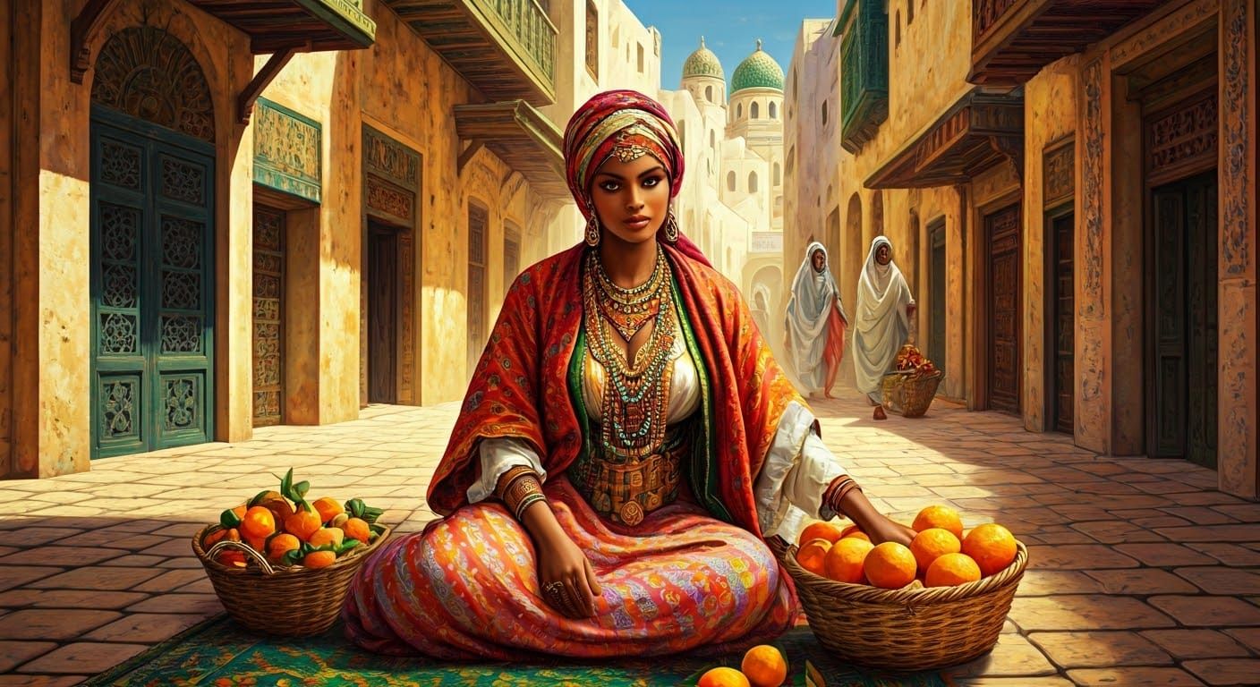 Vibrant 18th Century Algiers Regency Marketplace Scene in Tr...