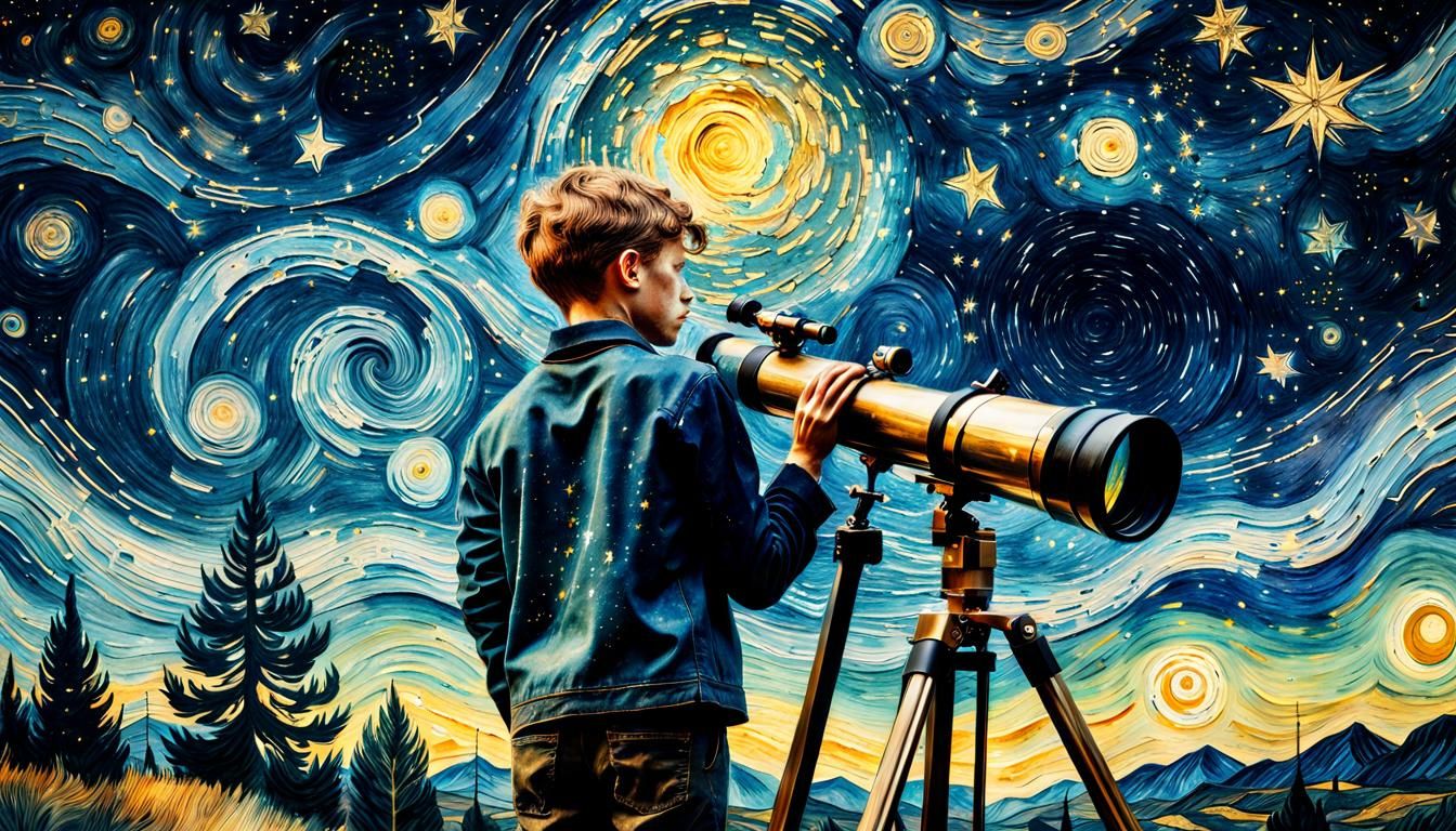 Boy Gazing at Starry Night Sky in Van Gogh Style