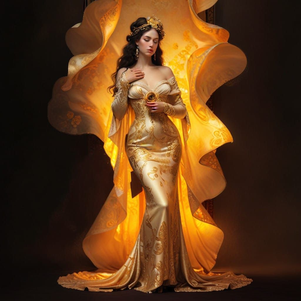 Elegant Woman in Opulent Baroque Setting with Art Nouveau Un...