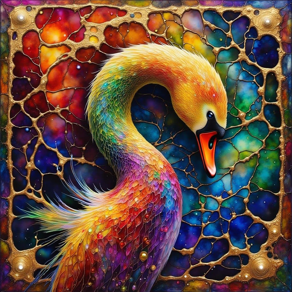 Vivid Swan Portrait in Stained Glass-Inspired Digital Art