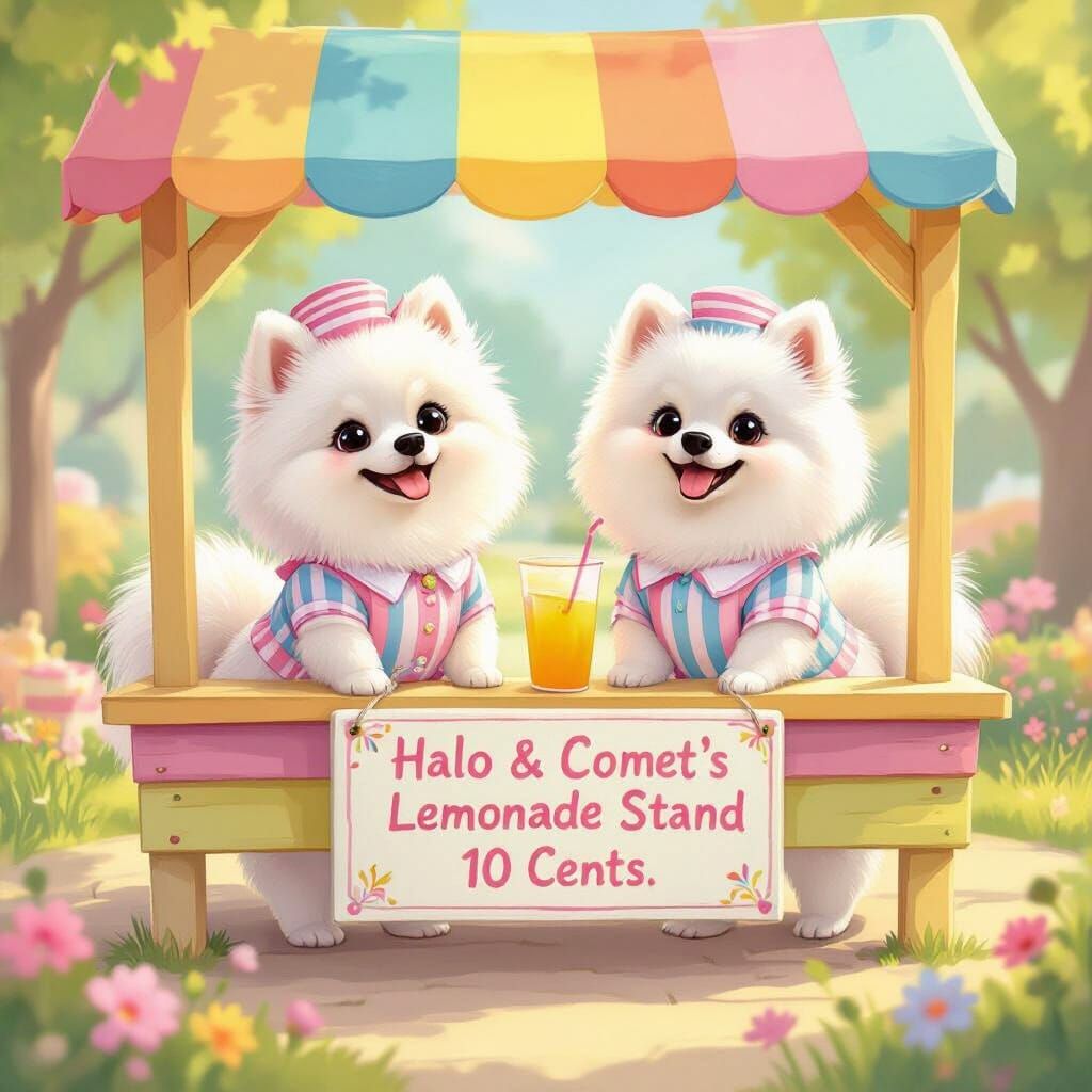 Pomeranians At Rainbow Lemonade Stand In Candy Land