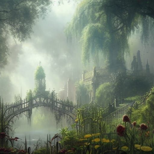 High Gothic Victorian Garden in Bright Sunlight