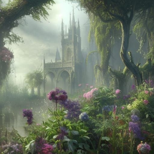 High Gothic Victorian Garden with Lush Overgrowth