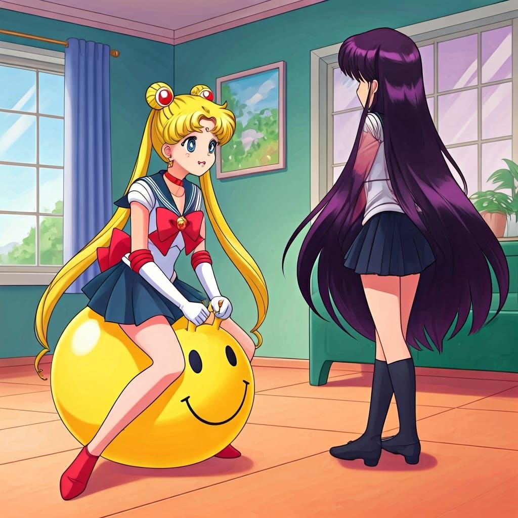 Sailor Moon Bouncing Merrily Watched by Sailor Mars