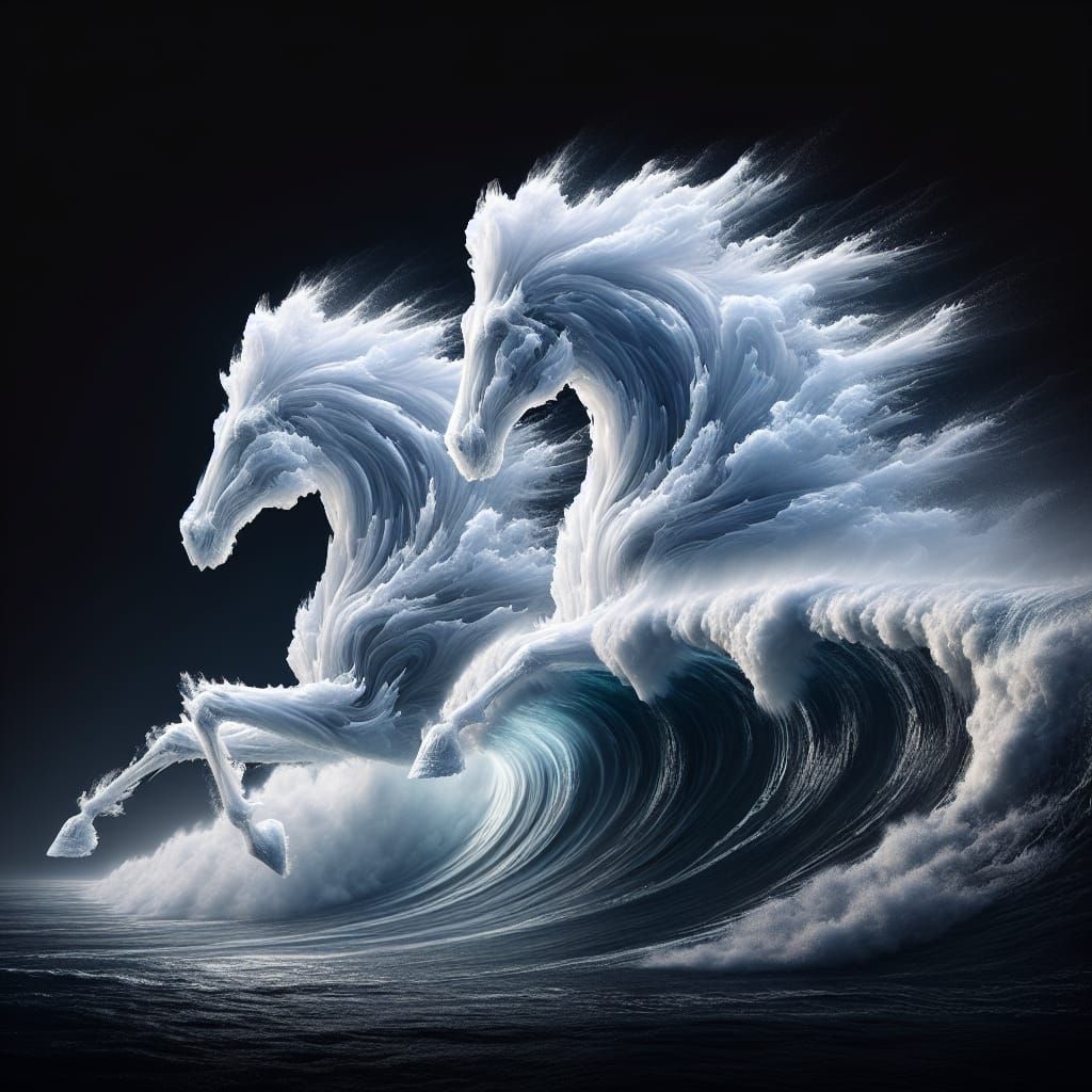 Ethereal Ocean Horses Rise from the Wave in a Stunning Spect...