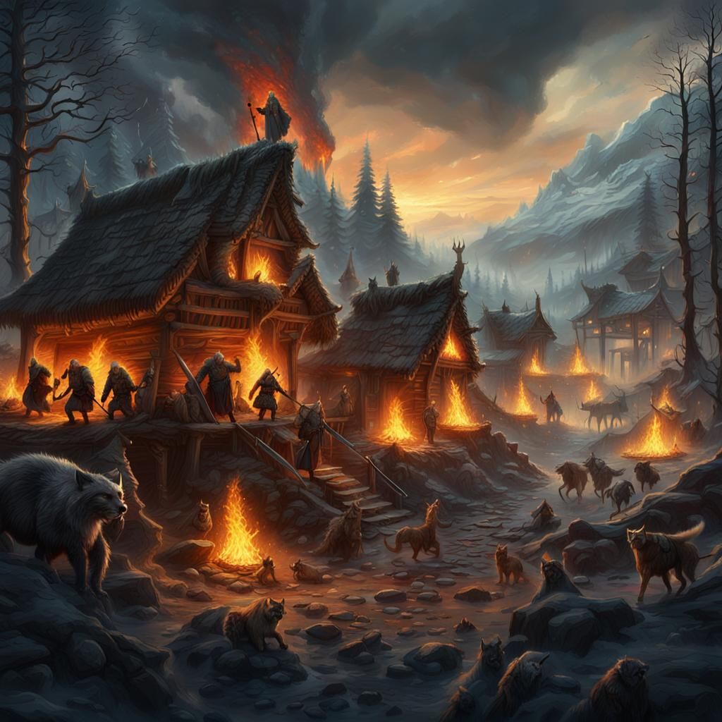 Vikings Raid Forest Village: Cinematic Digital Painting