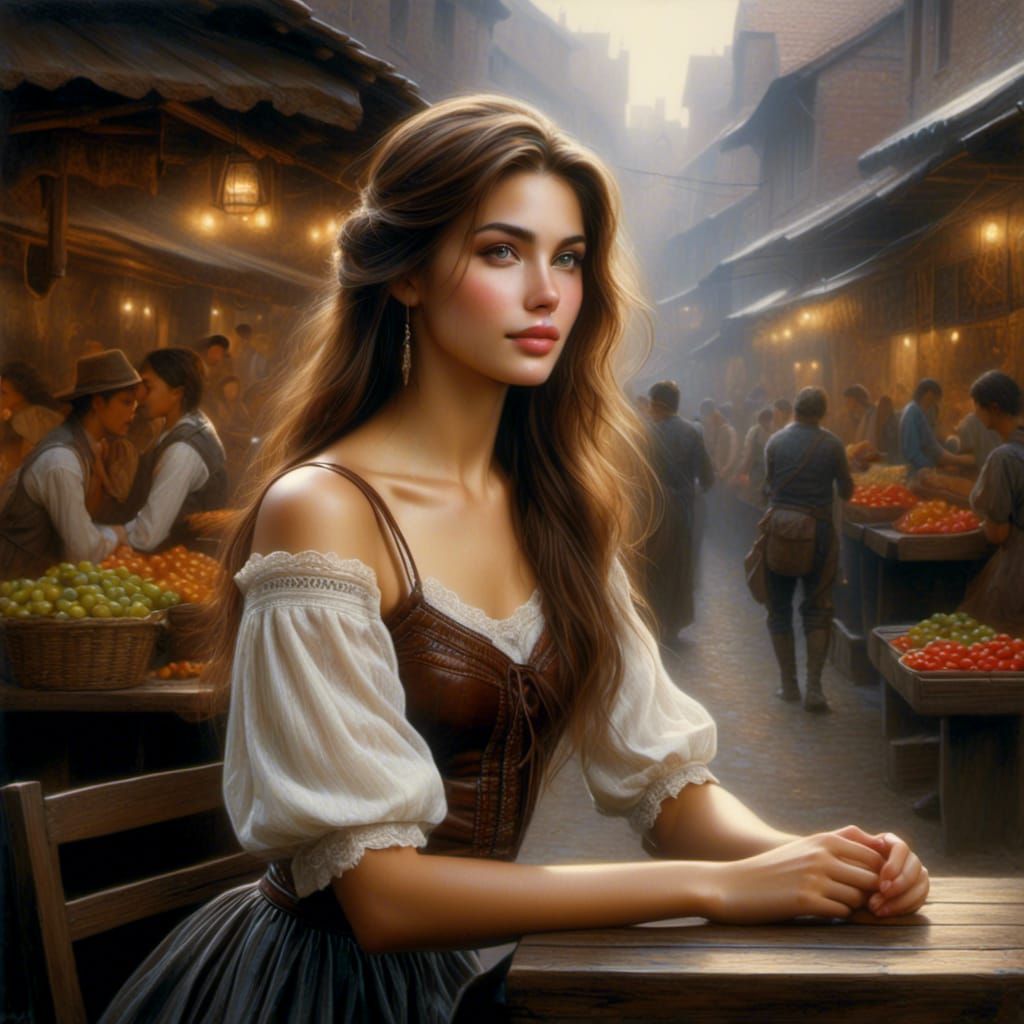 Beautiful Woman Portrait in Open Market, Luis Royo Style
