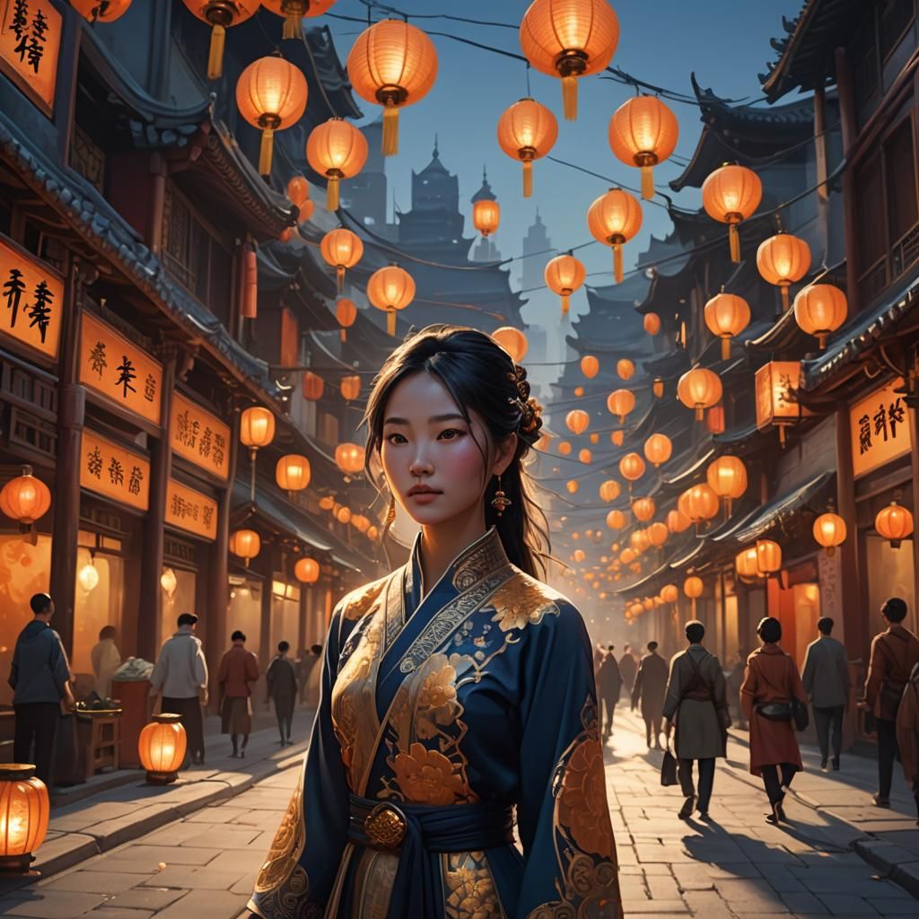 Chinese Girl in City of Lights: Matte Painting