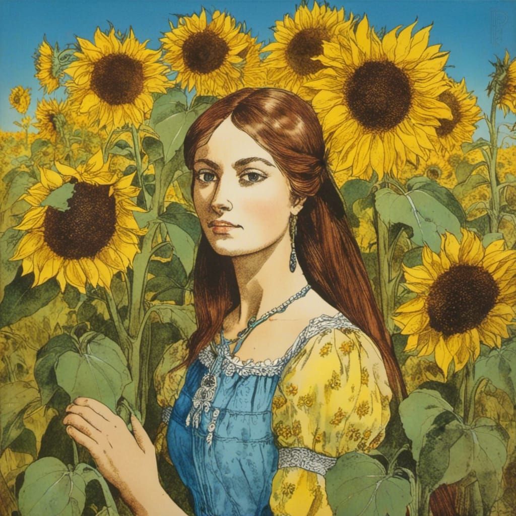 Ukrainian Woman in Sunflower Field, Traditional Style
