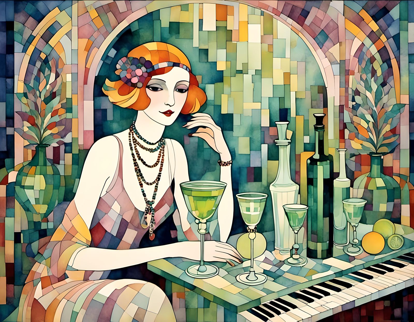 Art Deco Flapper Girl at Piano Bar