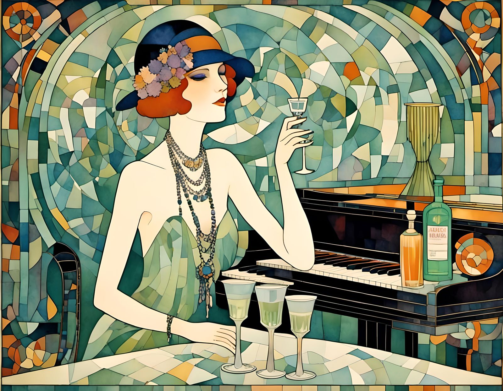 Art Deco Flapper Girl at Piano Bar