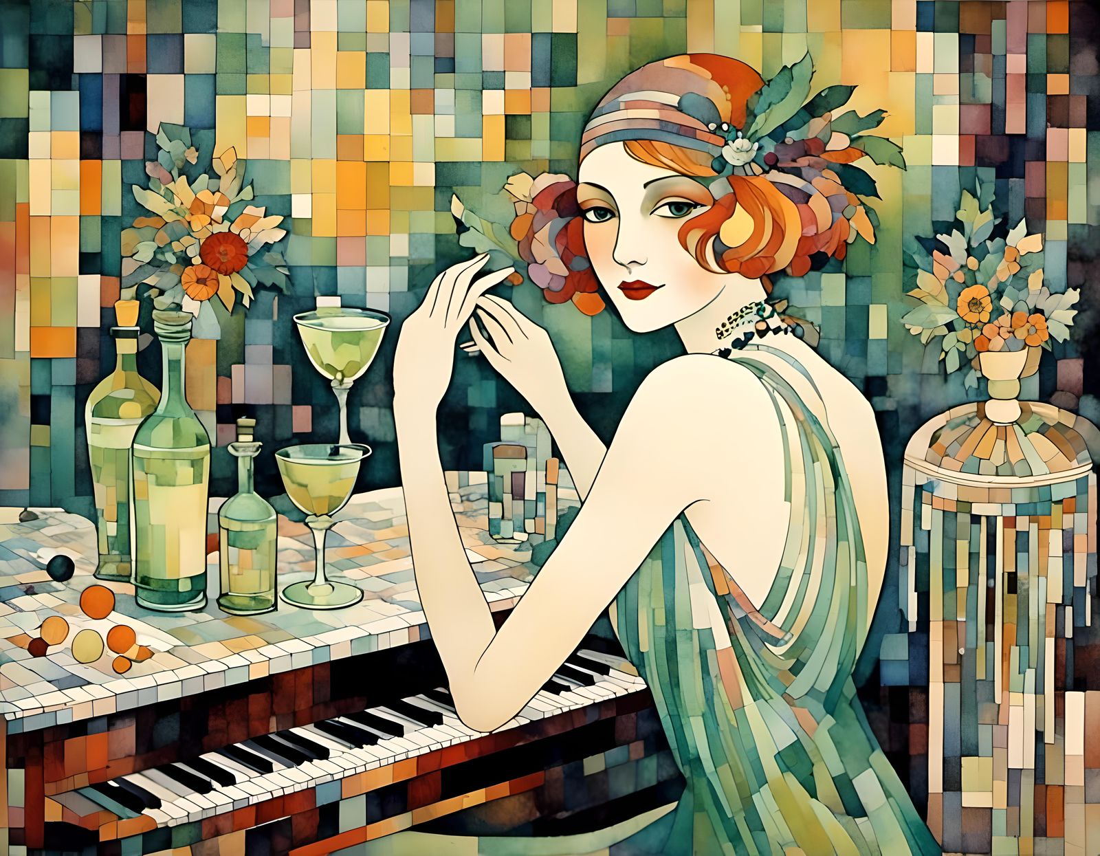 Art Deco Flapper with Absinthe at Piano Bar