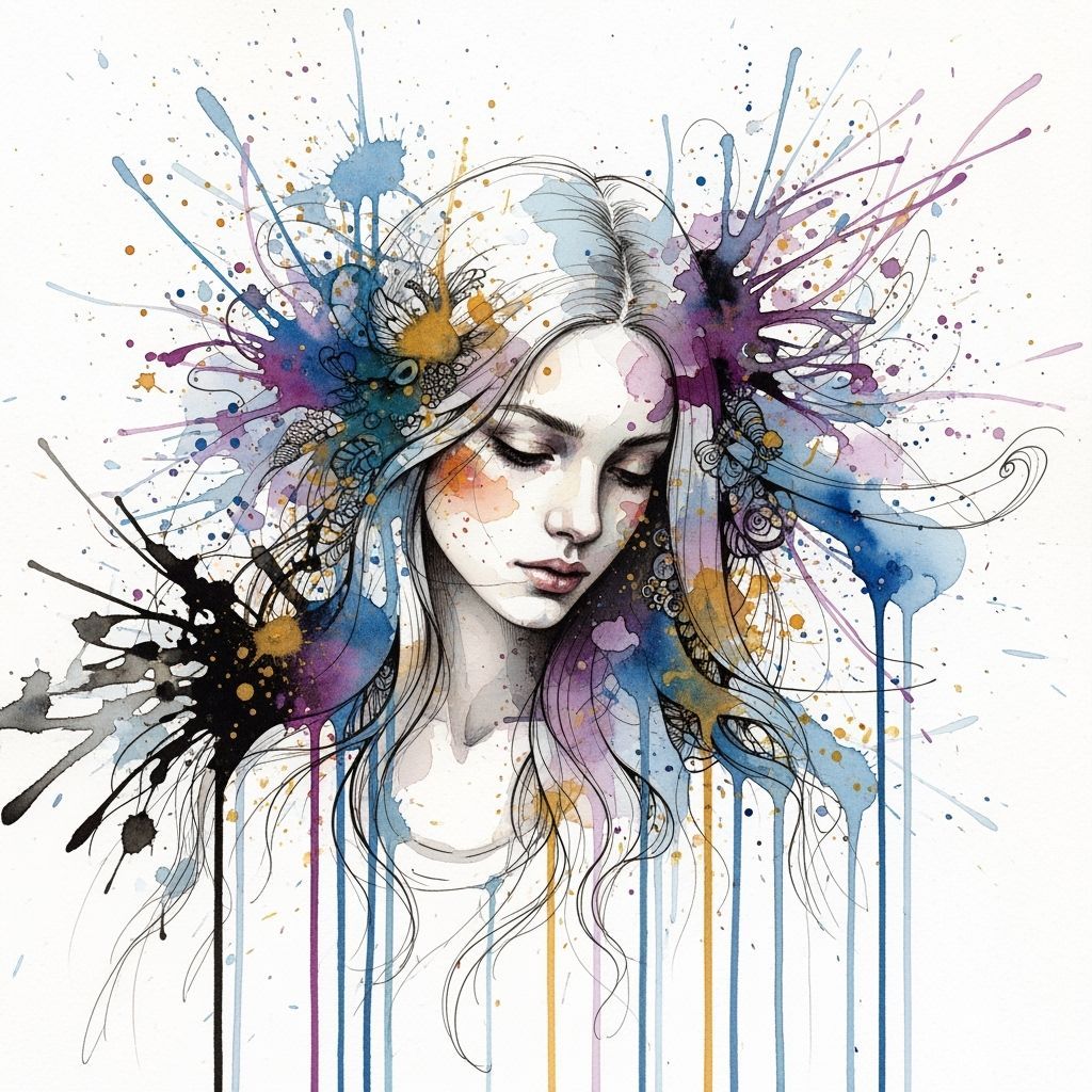 Ethereal Watercolour Portrait with Flowing Hair and Splashes