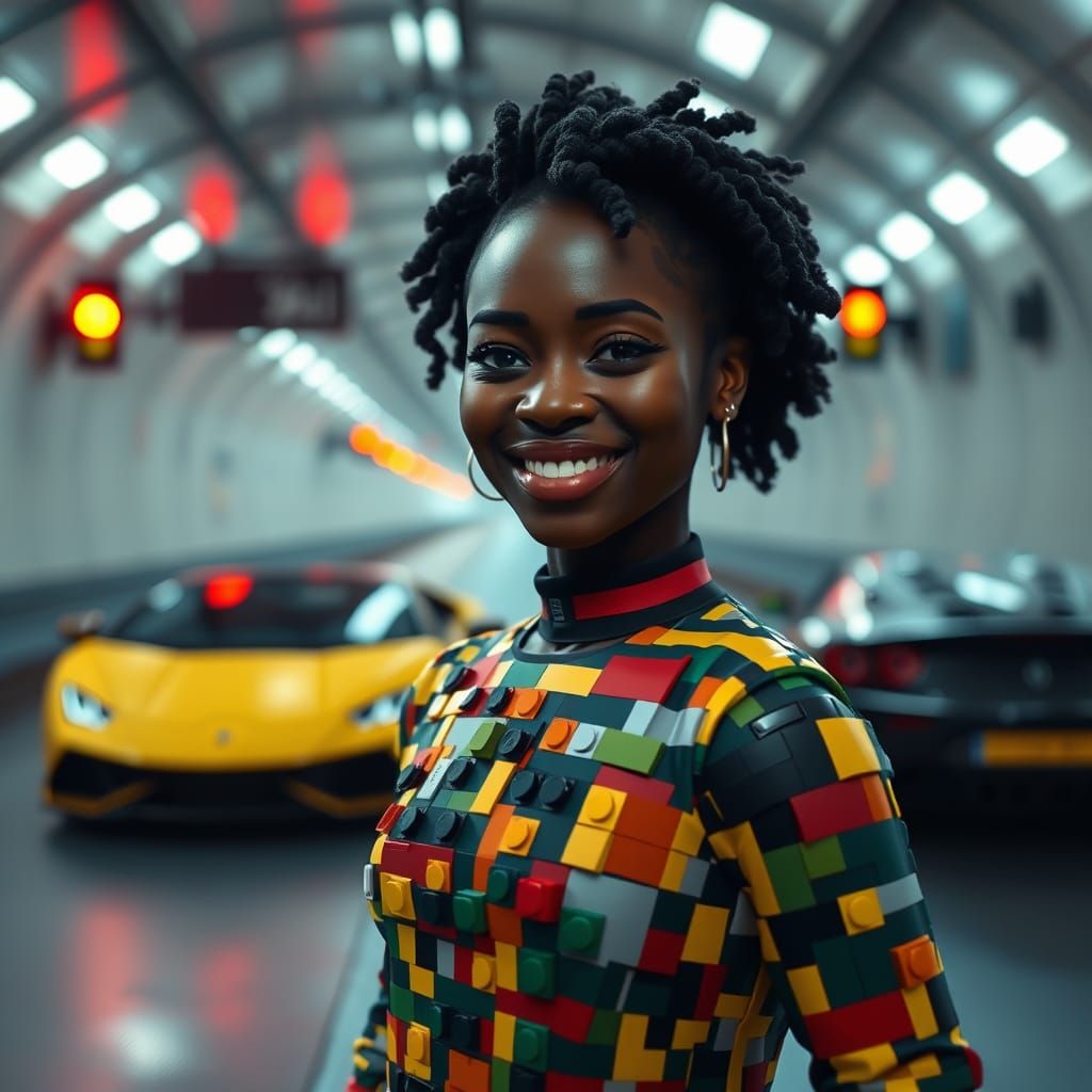 Lego Woman in Car Tunnel, Photorealistic Style