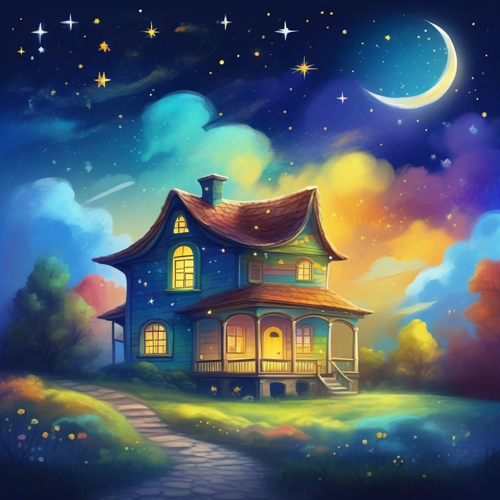 House in Mystical Sky with Rainbow: Digital Painting