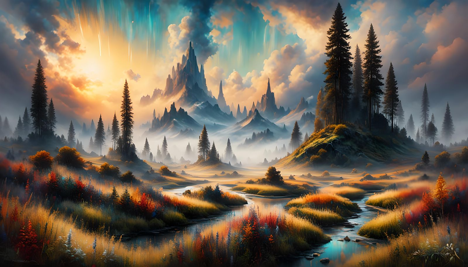 Misty Mountain Landscape with Painterly Strokes