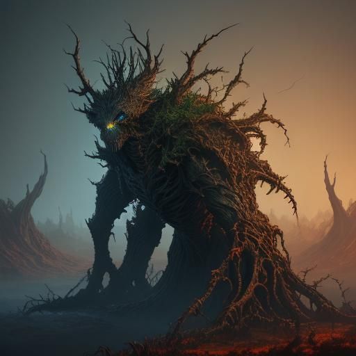 Towering Rooted Creature with Glowing Eyes