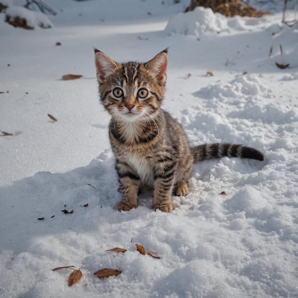 Cute Tabby Kitten on Snowy Ground: Digital Art