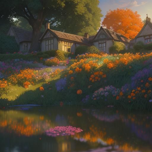 Cotswold Bibury Gardens in Hyperrealistic Neo-Impressionism