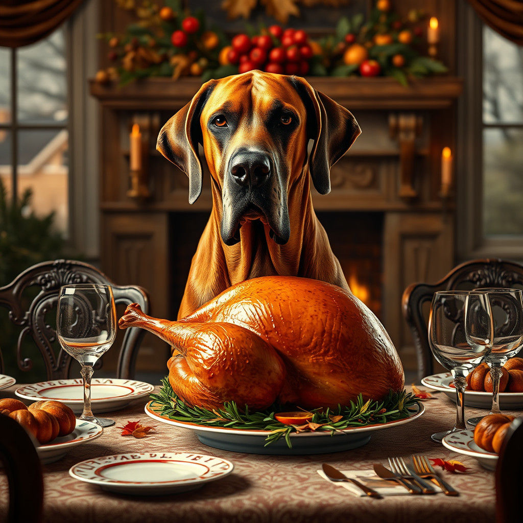 Great Dane Steals Turkey in Rockwell Style